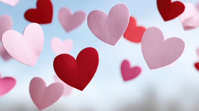 Romantic valentines concept with floating pink and red paper hearts - Powered by Adobe
