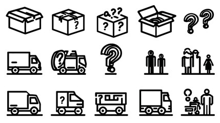 Shipping and Delivery Problem Icons: Lost Package, Unknown Status, and Tracking Issues Line Vector Set