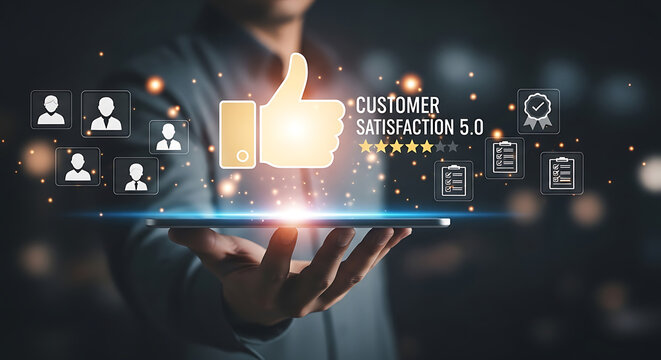 Businessman presents customer satisfaction rating on a digital tablet, showing thumbs up, five star review, and quality checkmarks.