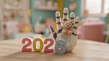 Future technology and childhood joy combine in a 2026-themed scene with a robotic hand and playful objects