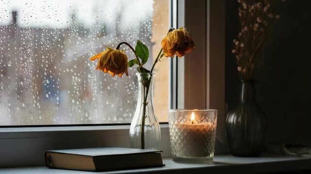 Withered flowers, candle, and book on window ledge rainy day