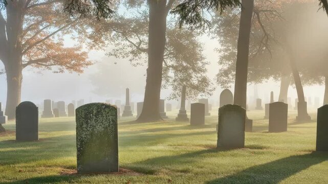 Serene foggy cemetery with tombstones amidst autumn trees