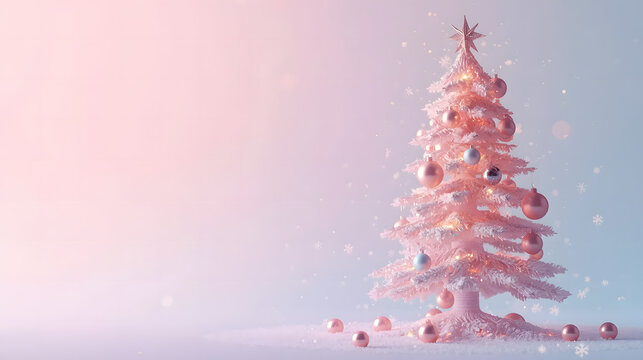 A pink Christmas tree adorned with ornaments, set against a soft, pastel gradient background with subtle snow-like particles. - Powered by Adobe
