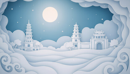 Winter Asian cityscape with two pagodas and gate, papercut illustration