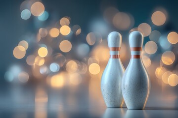 Two white bowling pins with orange stripes stand in front of a blurred background of soft, glowing Christmas lights. The scene captures a festive bowling theme.