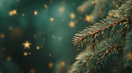 Close-up of evergreen tree branches with soft bokeh background. Golden sparkles create a festive atmosphere, ideal for winter and holiday themes. copy space