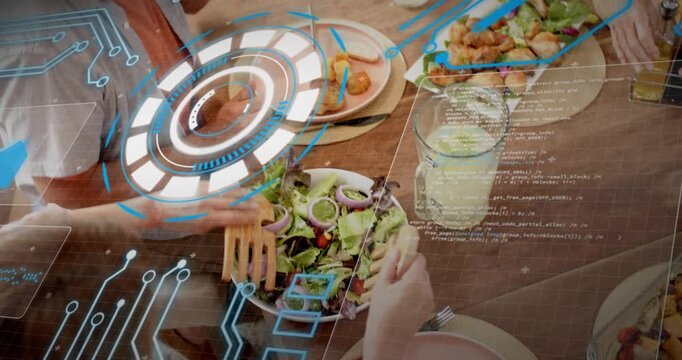 Four adults nudging salad bowl, scooping greens onto plates for sharing, tech HUD pulsing over bowl