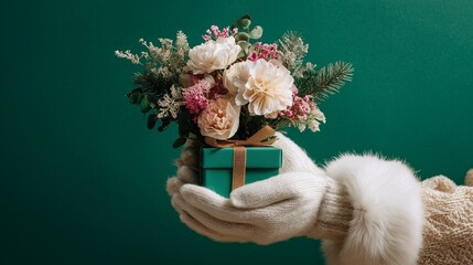 Beautiful winter bouquet in a gift box held by cozy hands against a green background banner