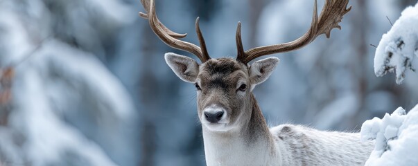 Majestic deer in a snowy forest setting – winter wildlife scene for seasonal design