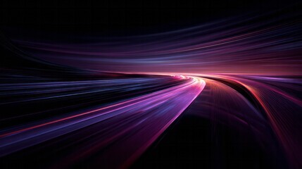 Abstract depiction of light trails curving dynamically toward a distant horizon in darkness