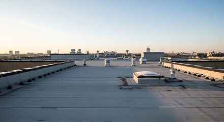 Industrial rooftop at daybreak, showcasing urban cityscape beyond the parapet