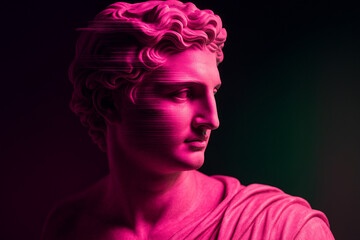AI generated digital artwork featuring a classical sculpture bust reimagined in neon pink and green tones with glitch inspired distortion. The mood blends mystery modern art and futuristic energy