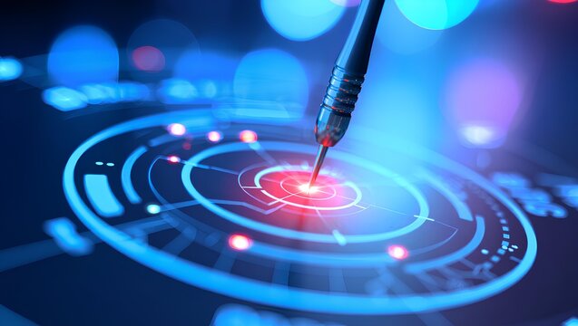 Futuristic arrow aiming at bullseye target, digital business strategy concept showing success achievement, precision accuracy progress, AI technology innovation with data, cyberspace visualisation