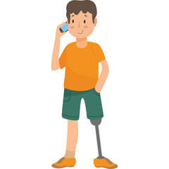 Young Man With Prosthetic Leg Talking On Cell Phone Wearing Orange T Shirt and Green Shorts Standing Confidently With Transparent Background