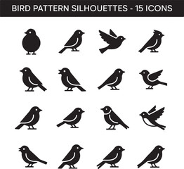Diverse Set of 15 Bird Silhouette Icons, Vector Collection of Flying and Standing Wildlife Patterns for Design
