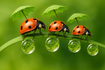 Obraz premium AI generated macro fantasy scene featuring three cute orange ladybugs holding tiny green leaf umbrellas as they walk along a fresh curved blade of grass with sparkling water droplets below creating