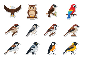Diverse Bird Collection Eagle, Owl, Sparrows, and Macaw Stickers