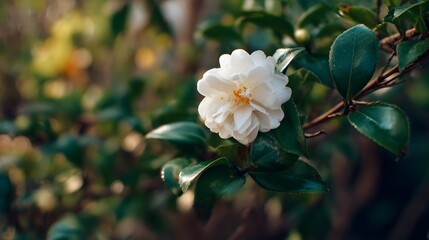 Close-up of a beautiful white camellia flower blooming in a lush garden.