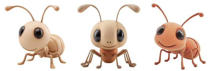 Three Cute 3d Cartoon Ants in Pastel Hues on Transparent Background