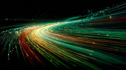 Swirling motion blur of multi-colored light streams against a dark background