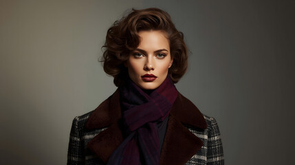 Portrait of a woman with dark hair and red lipstick wearing a plaid coat and scarf, looking directly at the camera.