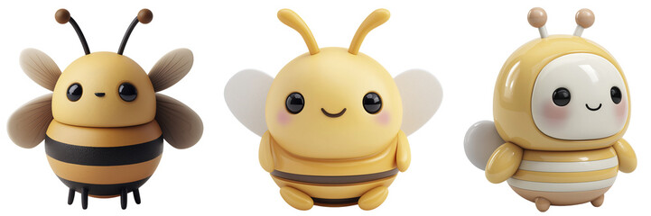 Obraz premium Three Cute 3d Rendered Bee Characters with Pastel Hues on Transparent Background