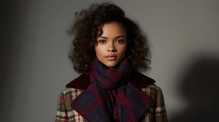 Portrait of a young woman with curly hair wearing a plaid coat and scarf, looking directly at the camera.