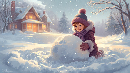 A young child happily rolls a large snowball in a snowy winter landscape, near a cozy house.