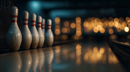 Bowling pins arranged in a row on a lane. Soft bokeh lights create a festive atmosphere. Ideal for Christmas  themes. copy space