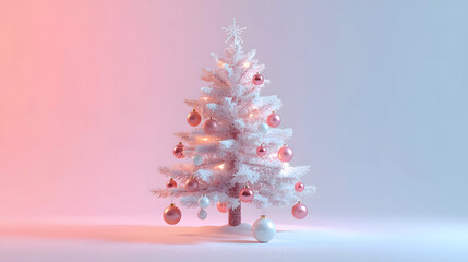 A white Christmas tree adorned with pink ornaments, illuminated against a gradient backdrop.