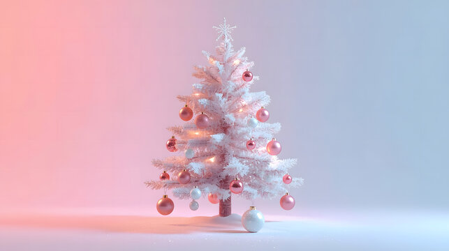 A white Christmas tree adorned with pink ornaments, illuminated against a gradient backdrop.