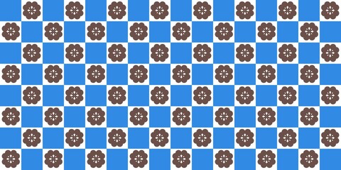 Blue and white checkered pattern with small brown floral motifs in the white squares, perfect for textile design, backgrounds.