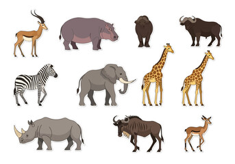 Naklejka premium Diverse African Wildlife Vector Illustration Featuring Giraffe, Zebra, and More