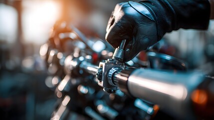 Close-up of a mechanics hand in a black glove adjusting the handlebars of a motorcycle in a workshop with a blurred background and bright light.