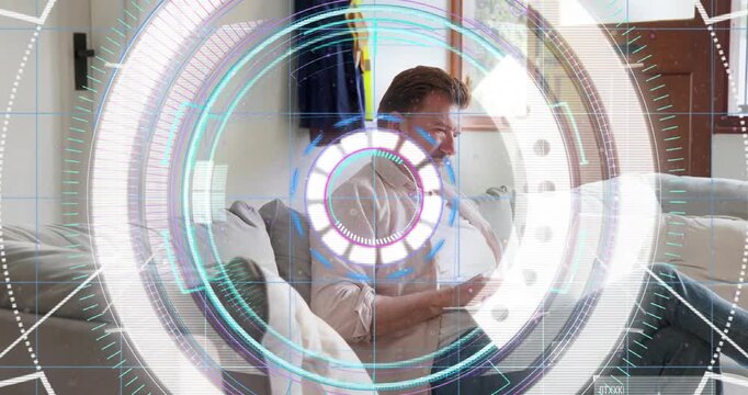 Mature man typing on laptop, circular HUD overlaying view then shrinking, fading for tech work