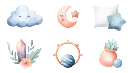 Fototapeta premium Dreamy Pastel Cosmic Items with Clouds, Stars, and Soft Textures on Transparent Background