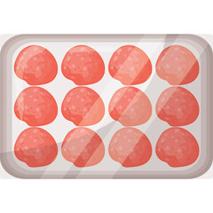 Raw Meatballs Packaged in Clear Plastic Tray Ready for Cooking with Reddish Pink Spheres Arranged Neatly in Rows on a White Background