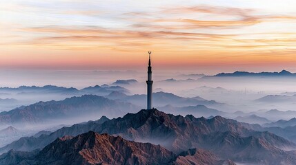 A tall mosque minaret with a crescent moon topping stands on a rocky mountain peak, surrounded by layers of fog and distant mountains. The sky displays a soft g