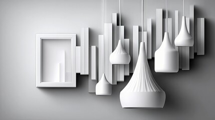 A minimalist composition featuring white pendant lights of various shapes and sizes hanging in front of a geometric arrangement of white rectangular panels on a