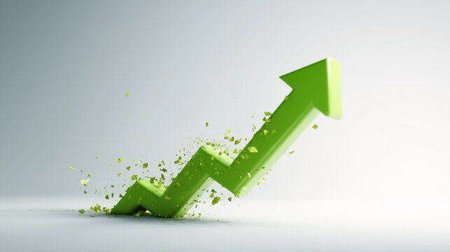 3D render of green rising arrow for financial growth concept