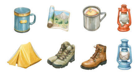 Camping Kit Items with Tent, Map, Boots, Lantern, and Cup on Transparent Background