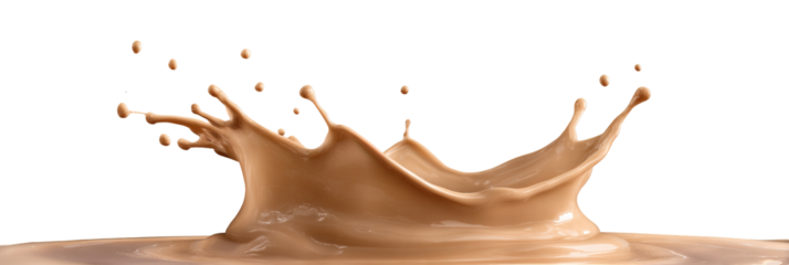 Pale light chocolate brown creamy liquid drop splash isolated PNG cutout, transparent background. Dynamic milky pastel color spill presentation for drink or cosmetic care cream