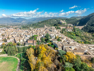 Spoleto Aerial: Medieval Charm, Rocca Albornoziana Fortress and Iconic Ponte delle Torri Spanning...