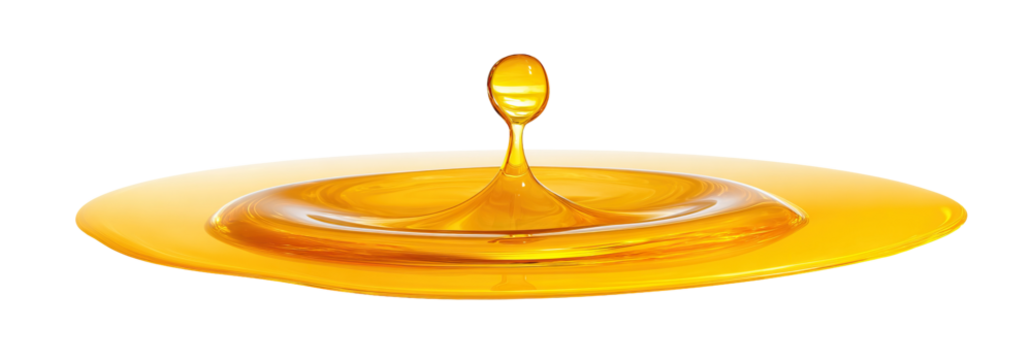 Gold yellow oil liquid droplet splash, dynamic motion isolated PNG cutout, transparent background - Powered by Adobe