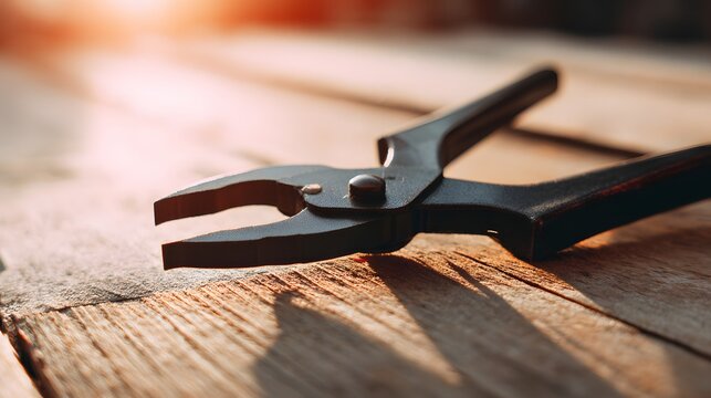 Close-up of a sturdy metal plier resting on a rustic wooden surface with warm sunlight.