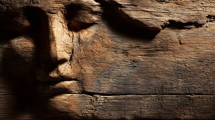 Close-up of a weathered wooden Buddha face carving with dramatic lighting.