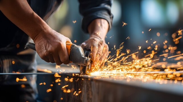 Close-up of a worker grinding metal with bright sparks flying in a workshop. - Powered by Adobe