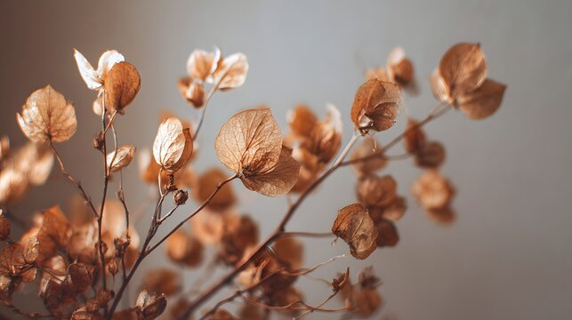 Close-up of dried eucalyptus leaves on a branch against a soft, neutral background, creating a minimalist and natural aesthetic. - Powered by Adobe