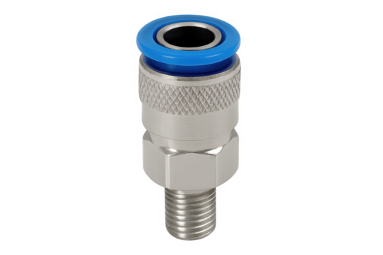 Pneumatic metal push-in fitting with thread on transparent background