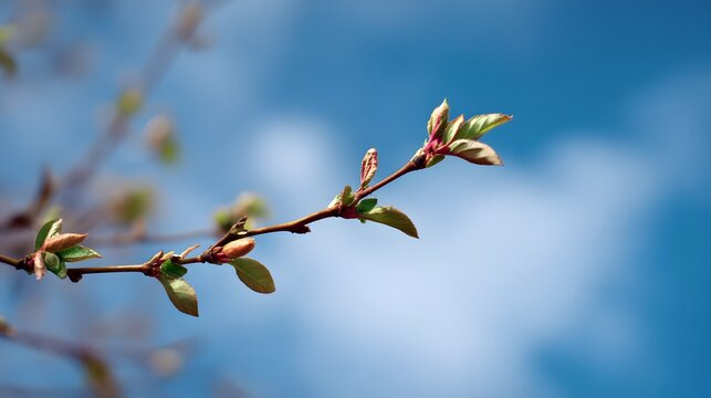 Close-up of fresh green buds on a tree branch against a clear blue sky in spring.